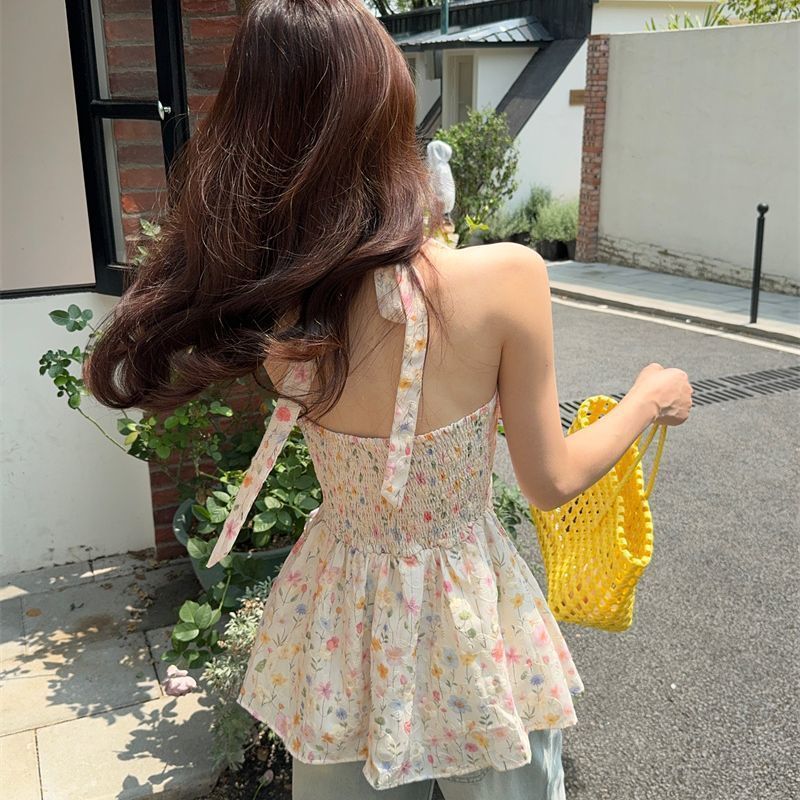 甜美设计感v领挂脖无袖背心吊带女夏季碎花刺绣衬衫小上衣跨境|undefined