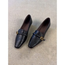 羊皮版~法式复古方头粗跟单鞋新款小众设计感皮带扣一脚蹬乐福鞋