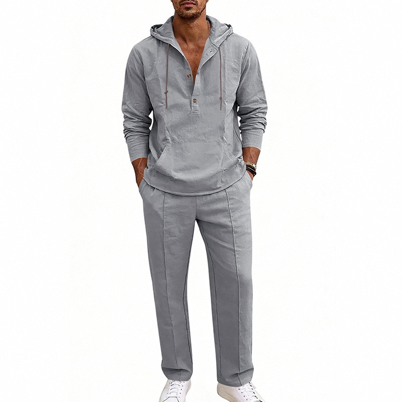 Completo da uomo in lino con cappuccio e pantaloni, vestibilità ampia, stile americano, casual, per vacanze e tempo libero, maniche lunghe._voghion.com