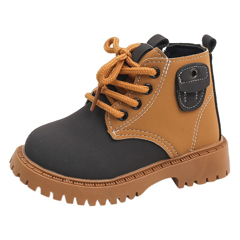 Детские сапоги 2025: Новинка! Кожаные сапоги для девочек, осенне-зимние, и короткие сапоги для мальчиков, осенние, средней высоты, на одной подошве.