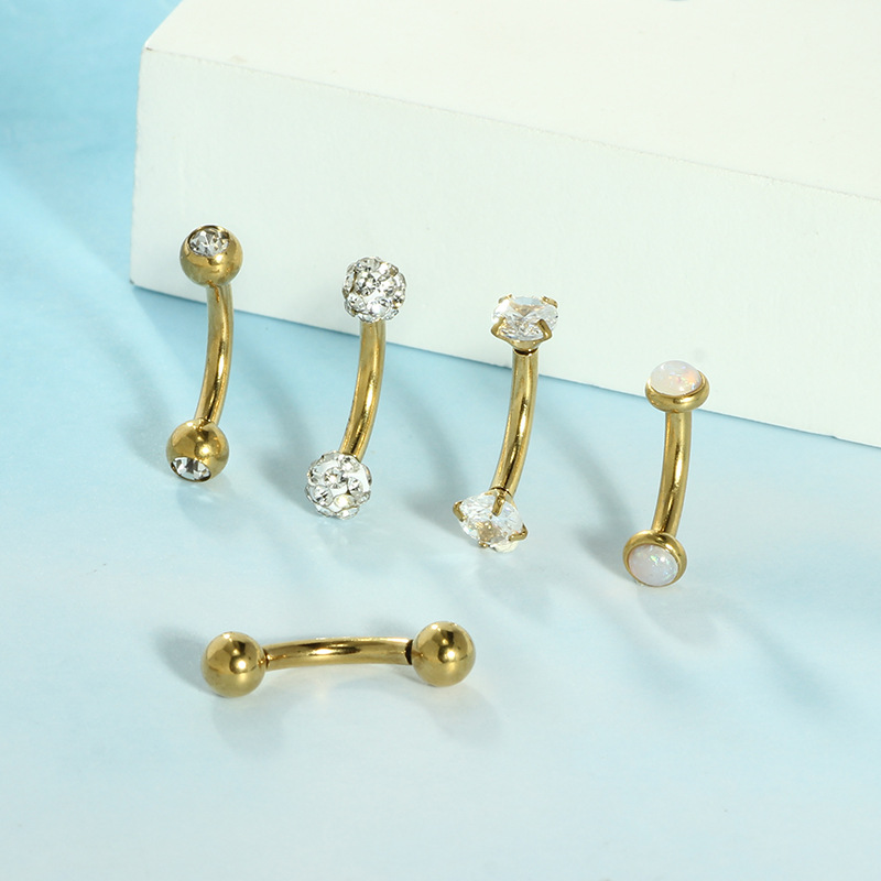 5-Piece Set Stainless Steel Double-Headed Zircon Curved Rod Navel Rings Internally Threaded Multi-Color Belly Button Jewelry detail image 8