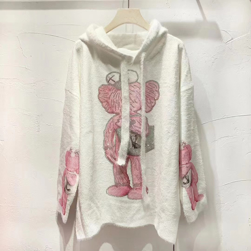 Cartoon Printed 2023 Korean Style Autumn Soft Waxy Hooded Mink Fleece Sweater Women's Rhinestone Casual Loose Plush Top