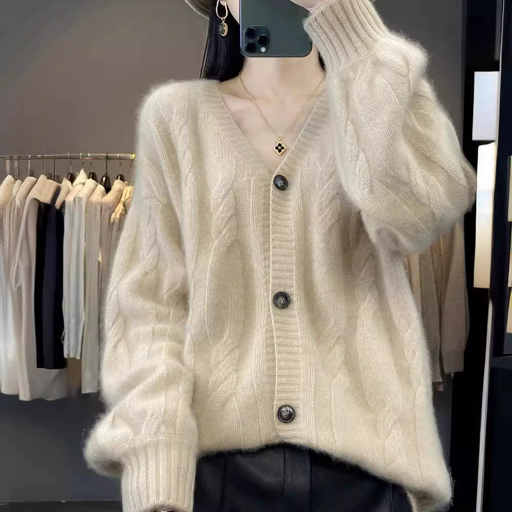 2024 сплошной раскаленной кардиган толстый свободный ленивый топ женский вязаный свитер с длинными рукавами V-образным вырезом