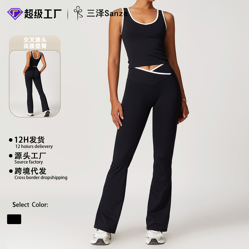 Cross-Waist Yoga Outfit Set for Women, Color-Blocked Backless Sports Tank Top, Butt-Lifting and Tummy-Tucking Flared Pants, Fitness Wear Cross-Waist Yoga Outfit Set for Women, Color-Blocked Backless Sports Tank Top, Butt-Lifting and Tummy-Tucking Flared Pants, Fitness Wear
