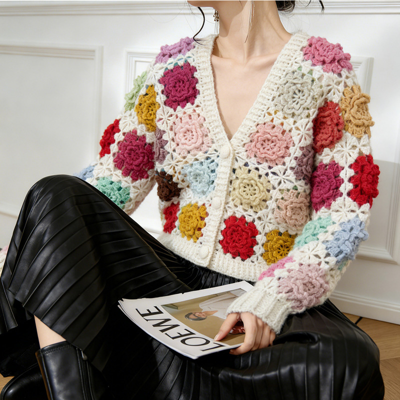 Cross-Border Heavy-Duty Hand-Crocheted Floral Knit Cardigan for Women, New Autumn and Winter Style, Three-Dimensional Crochet Sweater Coat, Sweet and Lazy Style