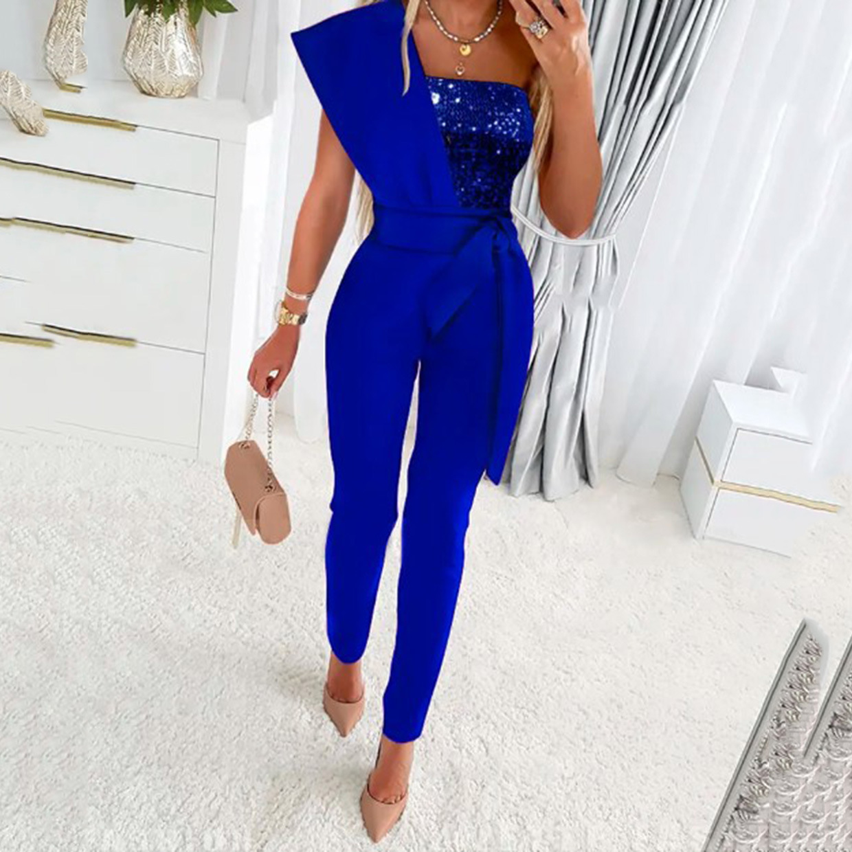 350g Weight Asymmetrical Sleeve Sleeve Length Full Length Pants Length Polyester Fabric Type Mid Waist Waist Line Jumpsuits Pants Type Bodysuits Tops Type Women's Business Bodysuits Formal Glittery Solid Color Full Length Jumpsuits