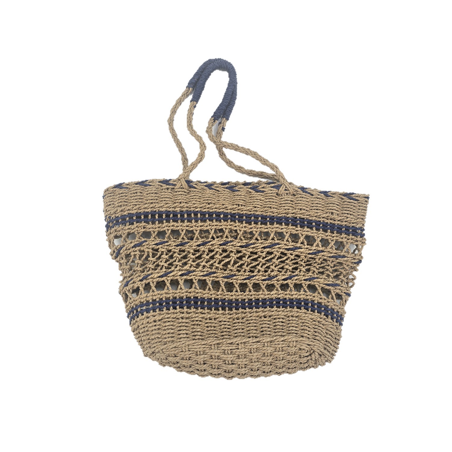 Striped Openwork Straw Double Handle Tote Bag 5
