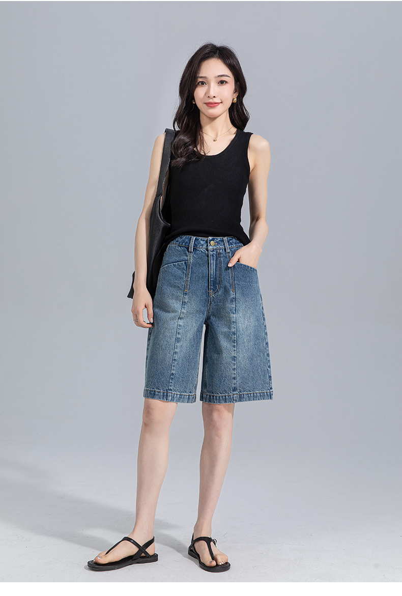 Quần short denim ống rộng cạp cao Xingge dáng suông mùa hè — Màu xanh lam chi tiết 24