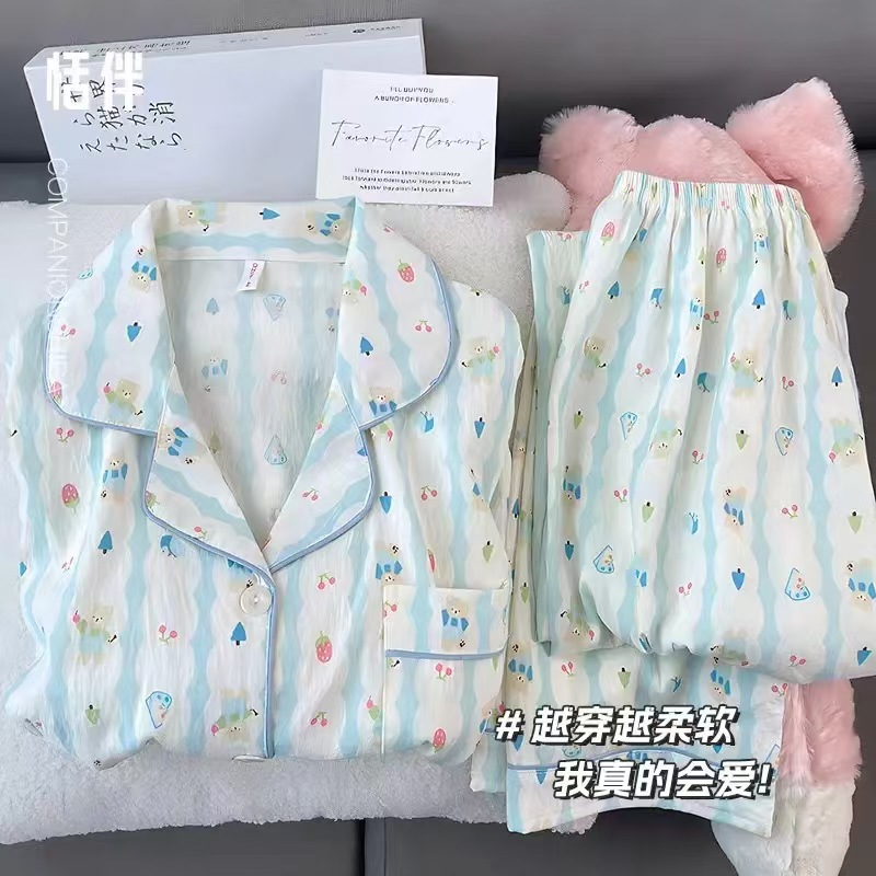 Al por mayor transfronterizo nueva primavera y otoño en línea explosión delgada nube de algodón dulce pijama de mangas largas pantalones largos ropa para el hogar cubierta
