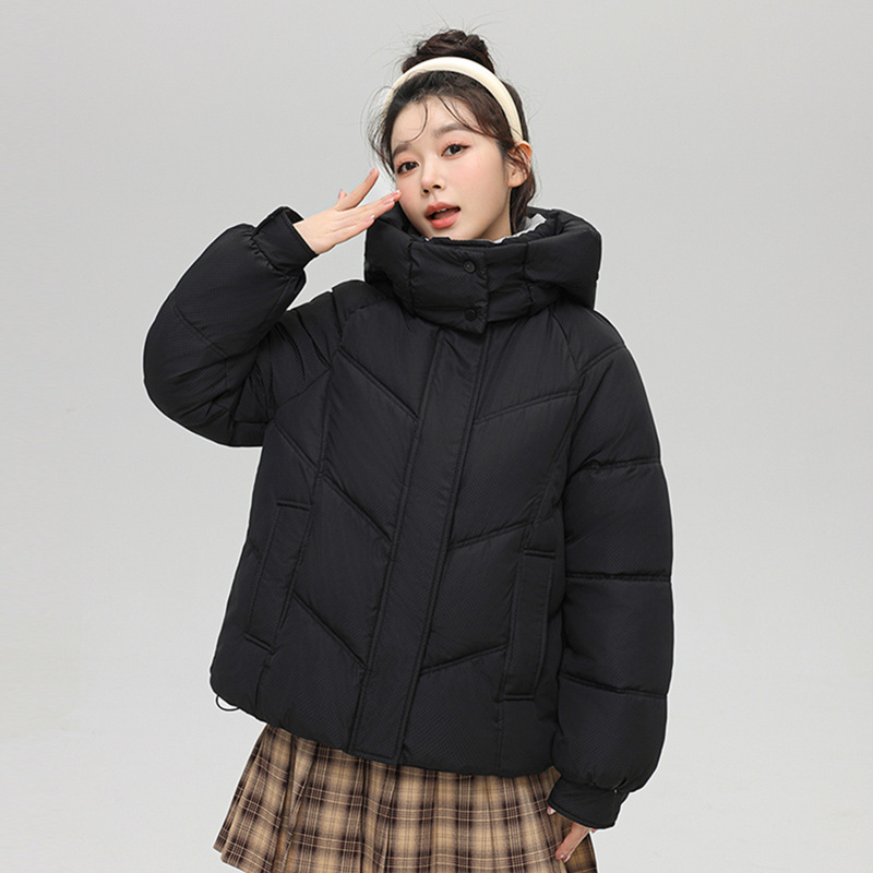Algodón mujer 2025 otoño y invierno nuevo estilo coreano corto engrosado plumón chaqueta de algodón pequeño suelto chaqueta con capuzas de color contraste