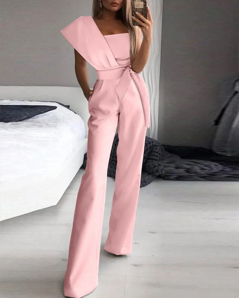 solid color sleeveless single-shoulder jumpsuit NSZCQ136536