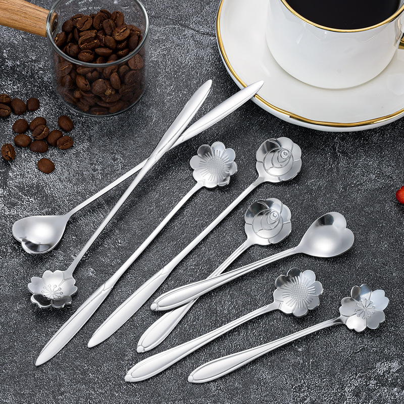 Colher de café em aço inoxidável com design criativo de ninho de pássaro, na cor dourada com sakura, ideal para mexer café._voghion.com