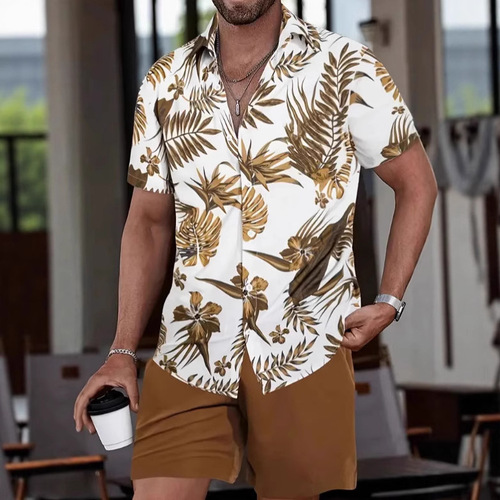 Trendy New Hawaii Cross-border Summer Men's Clothing Bestselling Versatile Collar Casual Short-sleeve Shirt and Shorts Set