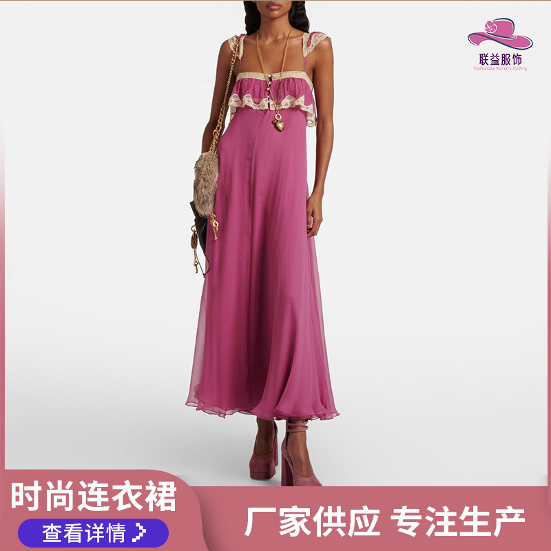 Summer Women's Clothing with a Sense of Design, Artistic Retro Style, Slim Fit, Sexy Spaghetti Straps, Lace Trim, Travel Casual Mid-Length Dress