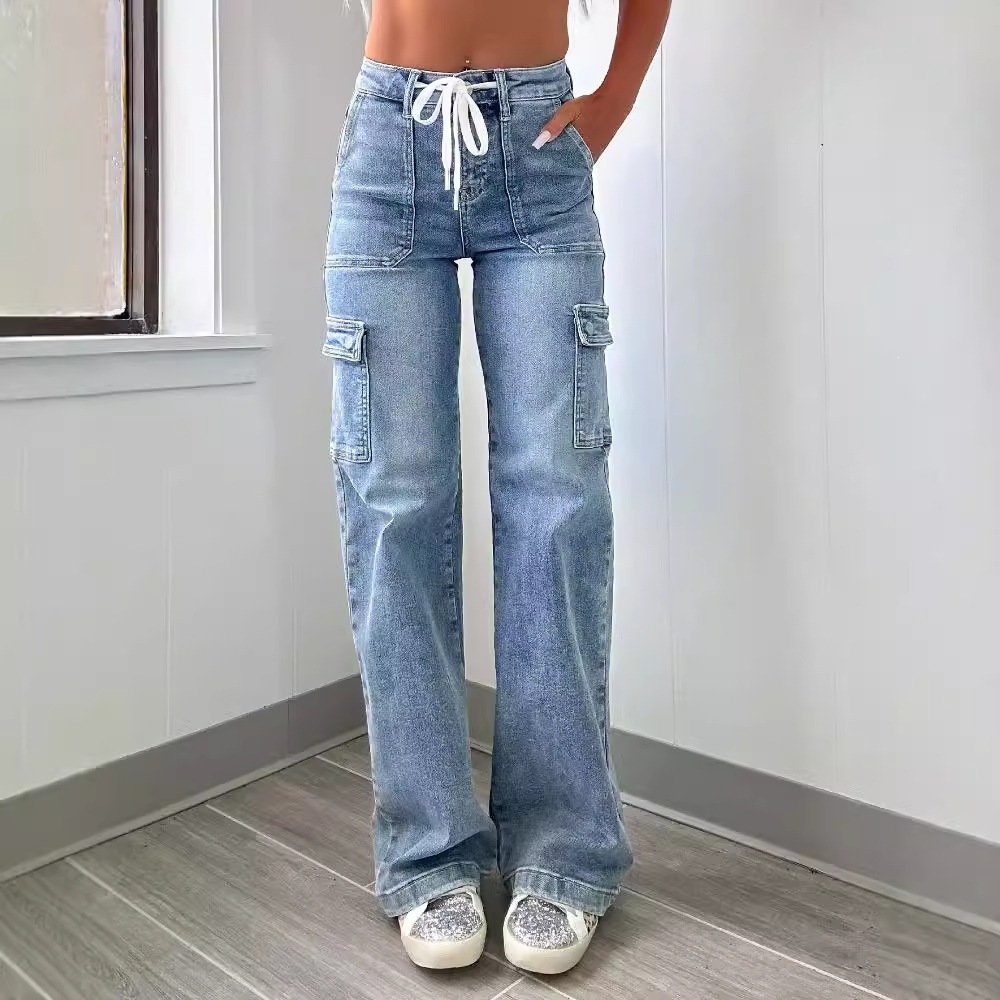 Jeans Cargo Rectos para Mujer de Mezclilla de Algodón y Poliéster con Múltiples Bolsillos para Uso Casual