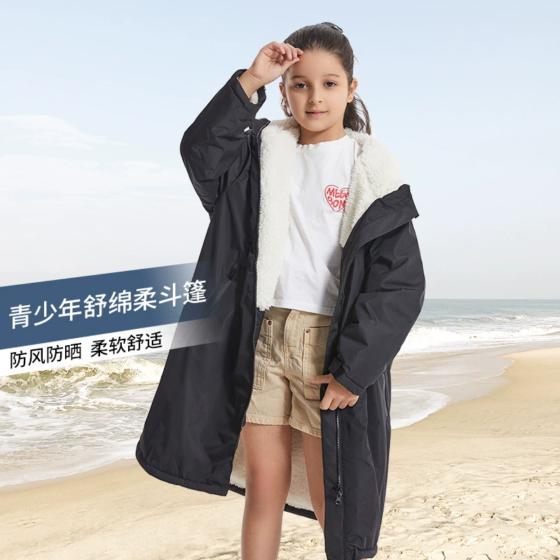 Детский и подростковый халат из мягкого хлопкового велюра для сёрфинга, плавания, дайвинга и зимнего плавания, ветрозащитный, водонепроницаемый и теплый, с функцией смены одежды