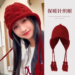2025新款帽子女百搭流苏毛线帽秋冬保暖护耳红色手工针织帽
