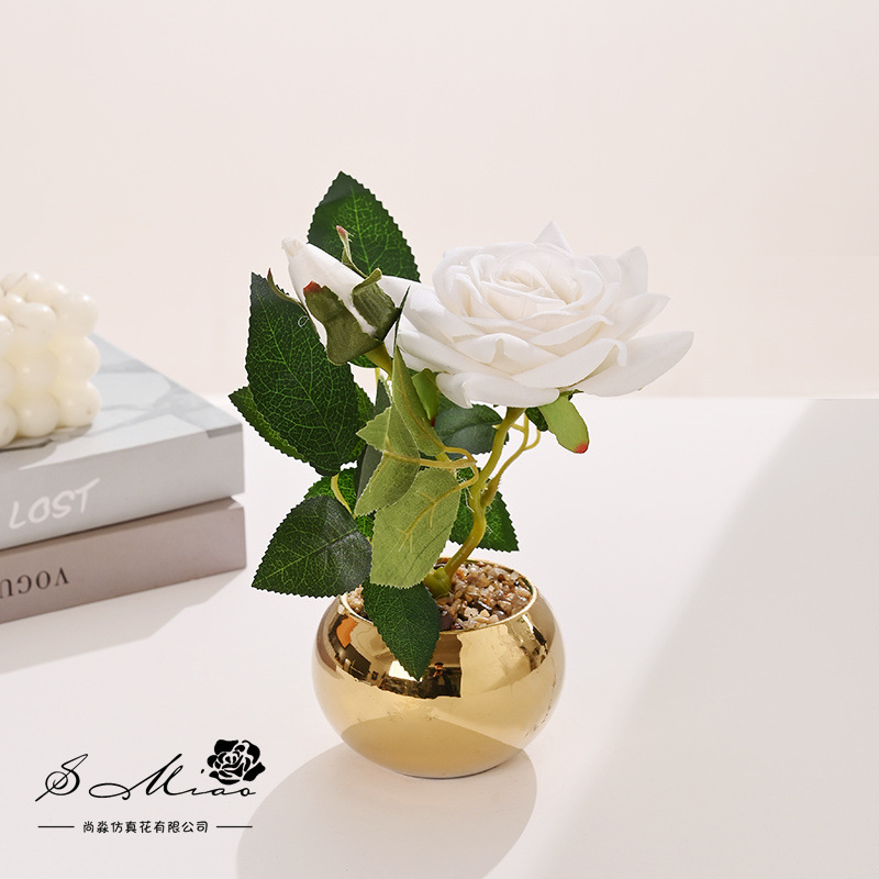 Flores falsas de alta calidad europea rosa bonsai flor de moda decoración creativa plantación verde artificial simulación maceta image 5