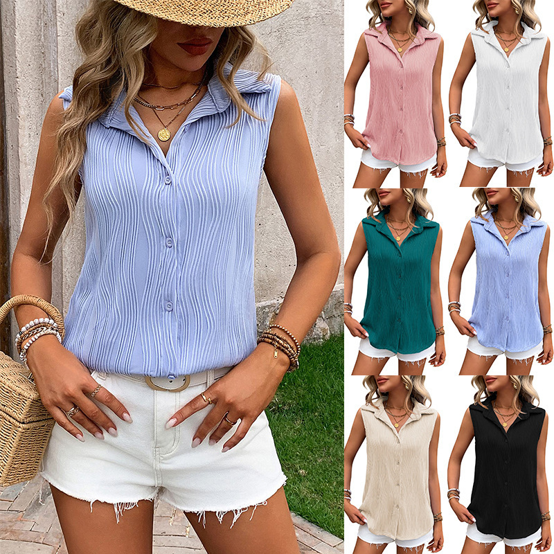 European and American Cross-border Amazon Women's Vest 2024 Sleeveless Button Textured Collar Shirt Loose Casual Summer Top European and American Cross-border Amazon Women's Vest 2024 Sleeveless Button Textured Collar Shirt Loose Casual Summer Top