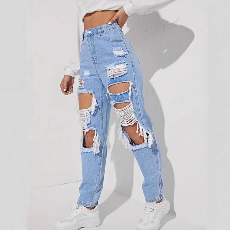 Cross-border foreign trade independent station Europe and the United States Amazon hole Denim wash women's trousers Cross-border foreign trade independent station Europe and the United States Amazon hole Denim wash women's trousers