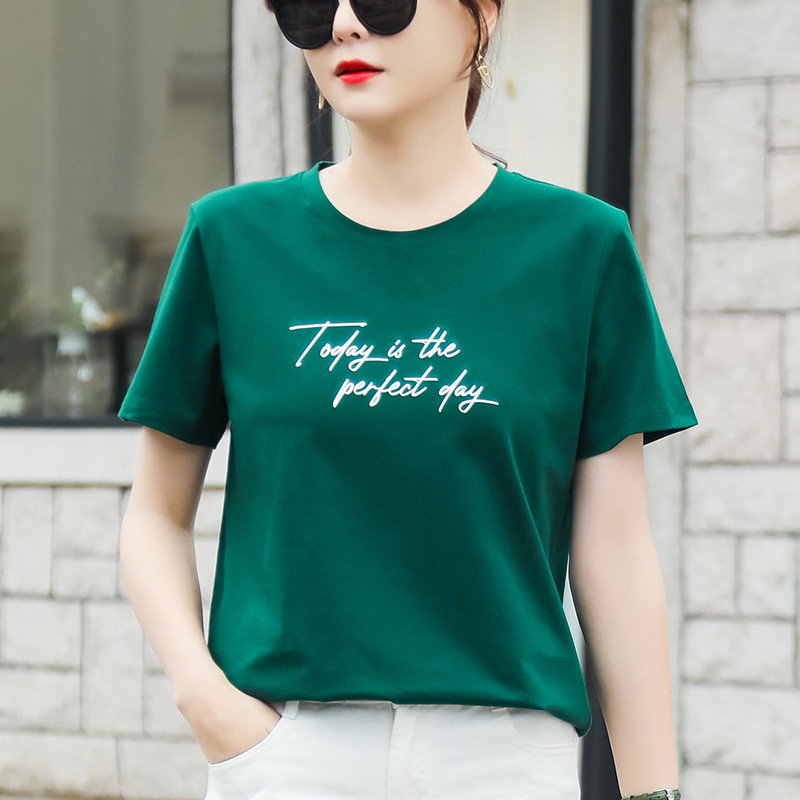 T-shirt Female 2021 Summer New Printing Korean Version Of Loose Short-sleeved T-shirt Female Casual Korean Version Of All-match Dark Green Top