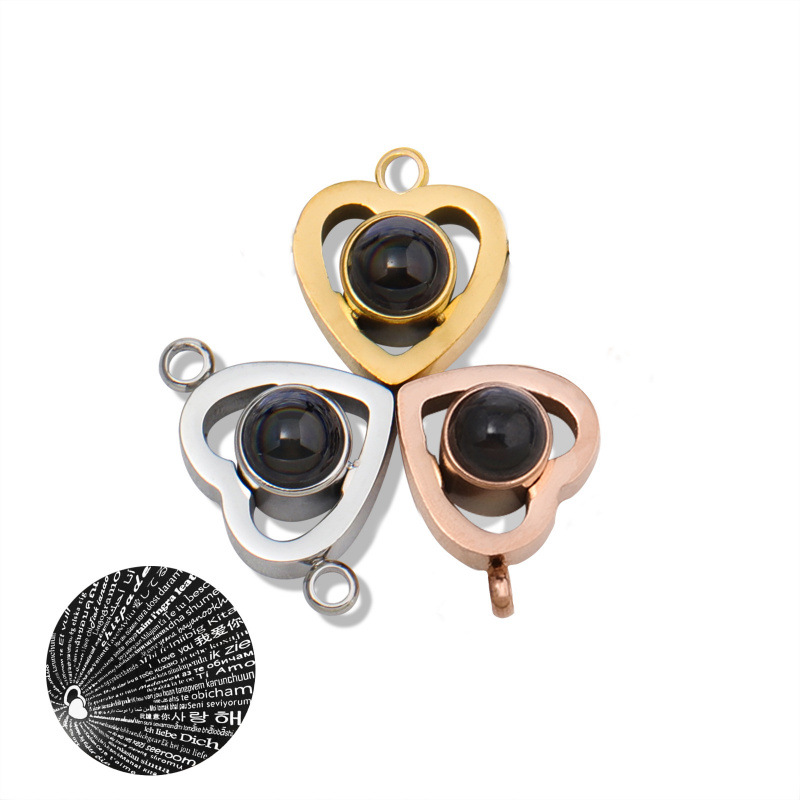 投影石挂件项链配件100种语言I Love You金色双吊爱心投影石吊坠