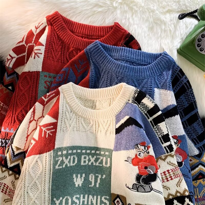 Christmas Sweater Men's Winter fleece-lined Thickened Warm Knitted Sweater Ins Hong Kong-style Loose Trendy Couple Sweater