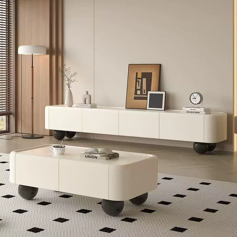 奶油风落地电视柜茶几组合客厅家用小户型法式中古风实木电视机柜