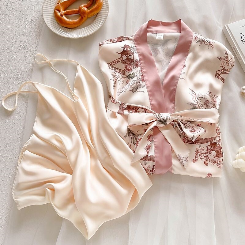 Summer Ice Silk Sexy Strap Nightgown Robe for Women, Vintage Chinese Style, Thin Two-Piece Set for Spring and Summer Homewear Summer Ice Silk Sexy Strap Nightgown Robe for Women, Vintage Chinese Style, Thin Two-Piece Set for Spring and Summer Homewear
