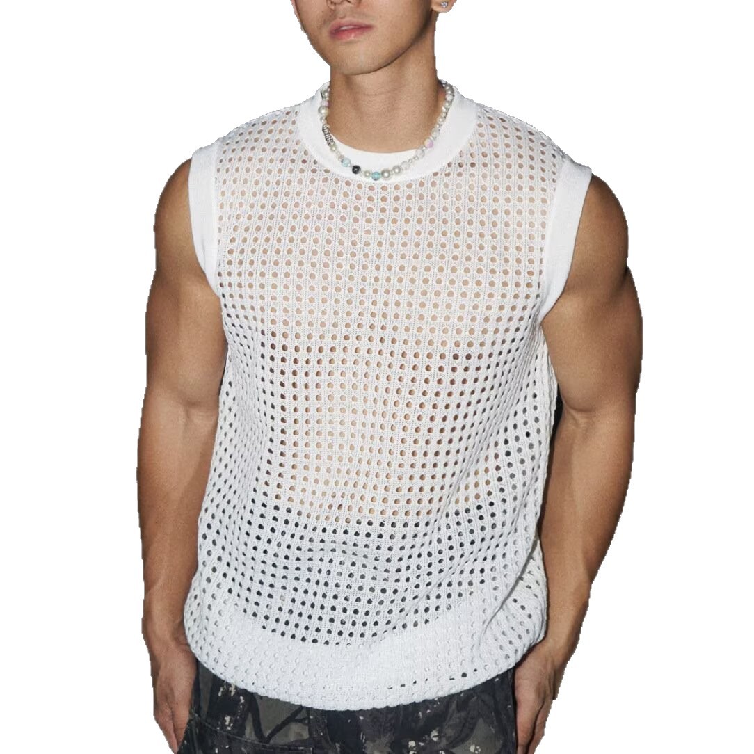 Abbigliamento uomo Stile uomo Gilet a maglia traforata Semitrasparente Top pullover di alta gamma e alla moda per occasioni formali e casual_voghion.com