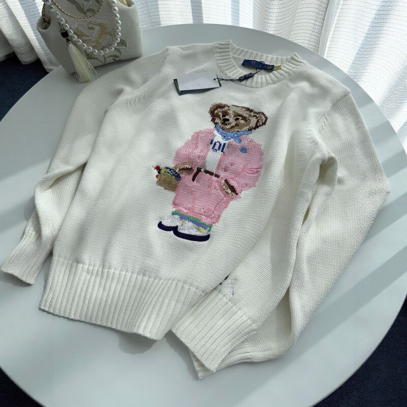 Rl Qr Code Original Label Heavy Embroidery Bear Crew Neck Sweater for Women, New Autumn and Winter Pure Cotton Knitwear, Loose and Versatile