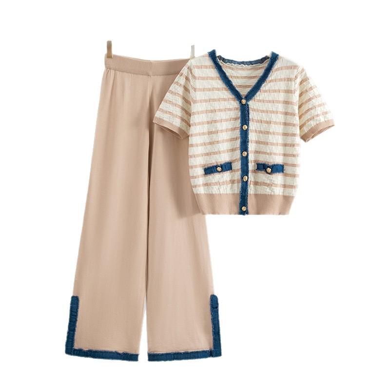 Elegant Stripe Knit Top With Wide-Leg Split-Hem Pants Set, Casual Chic Two-Piece Outfit For Women Versatile & Polished Design_ecoleips.com
