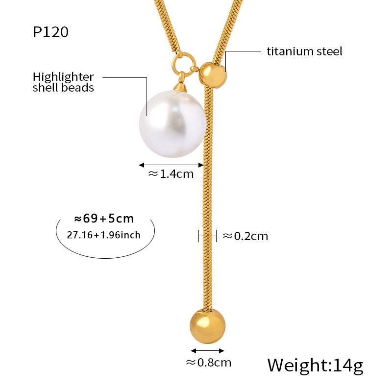 Nouveau bijou tendance, léger et luxueux, en acier titane plaqué or, orné d'un pompon rond et d'une perle coquillage brillante._voghion.com
