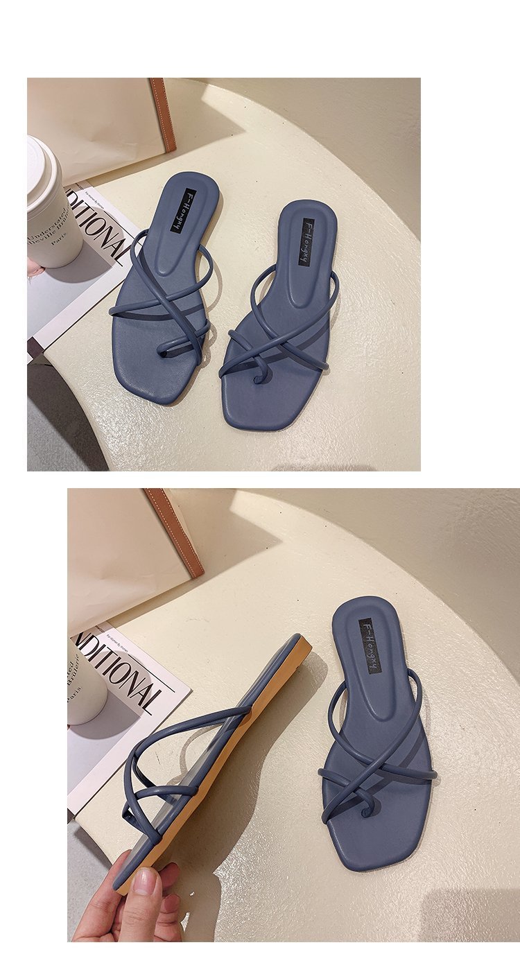 Hausschuhe im Feenstil, neue Oberbekleidung für Damen im Sommer 2024, koreanische Version, schlichter und schmaler Riemen mit quadratischer Zehenpartie und flachem Boden_voghion.com