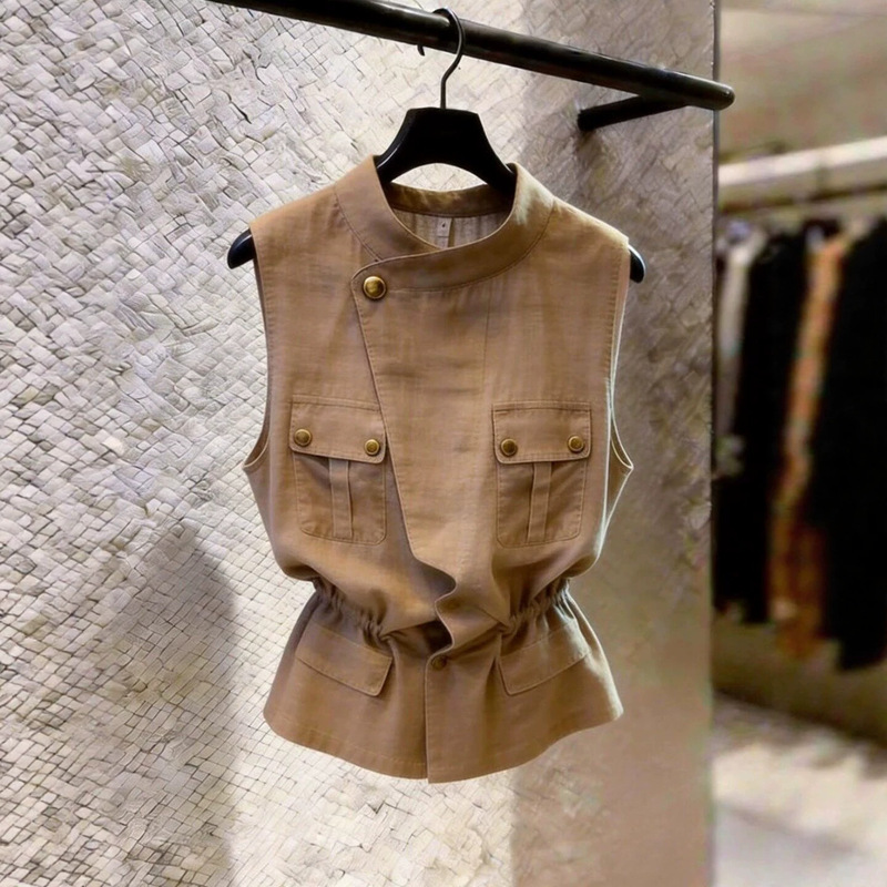 Hong Kong Style Retro Light Brown Waist-Cinching Vest Shirt for Women, Summer Sleeveless Outerwear with High-End Design and Workwear Style