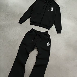 跨境男士拉链卫衣阔腿裤两件套仿刺绣徽章印花休闲运动套装欧美