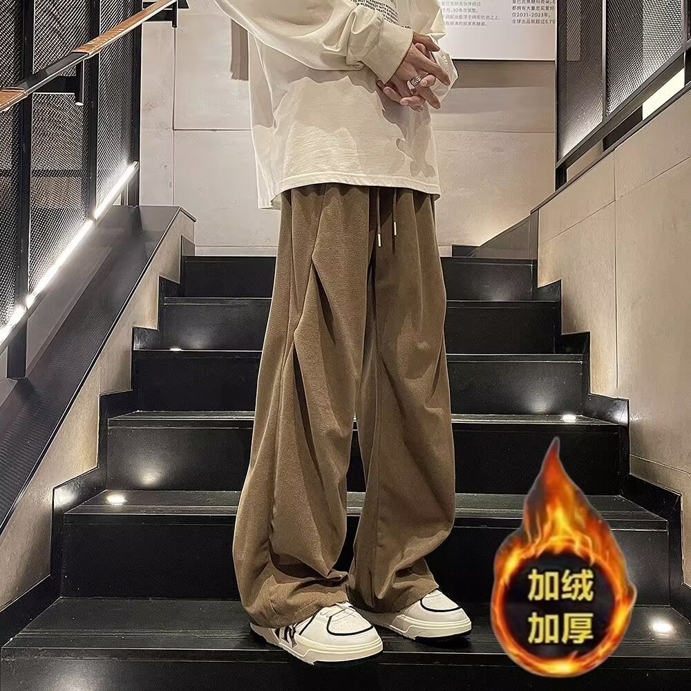 2024新款宽松休闲裤男韩版潮流休闲裤子冬季加绒坠感阔腿拖地长裤