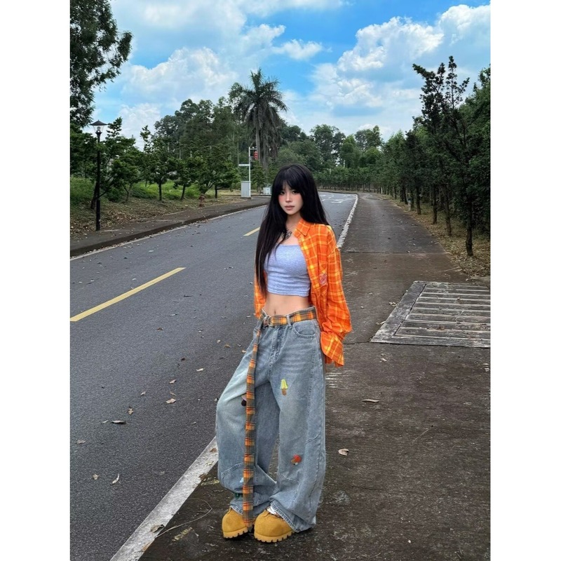 美式复古做旧牛仔裤女百搭宽松阔腿长裤2025新款秋季直筒牛仔裤女|undefined
