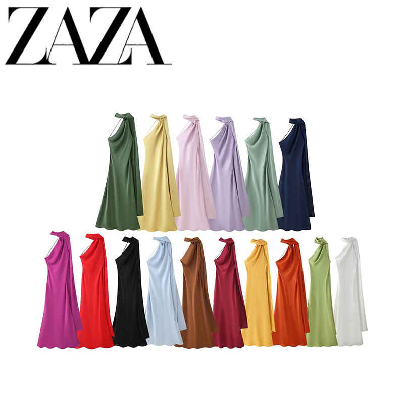 ZAZA self-designed European and American style wholesale women's fashion versatile casual silk satin texture long dress with ribbons and halter neck ZAZA self-designed European and American style wholesale women's fashion versatile casual silk satin texture long dress with ribbons and halter neck