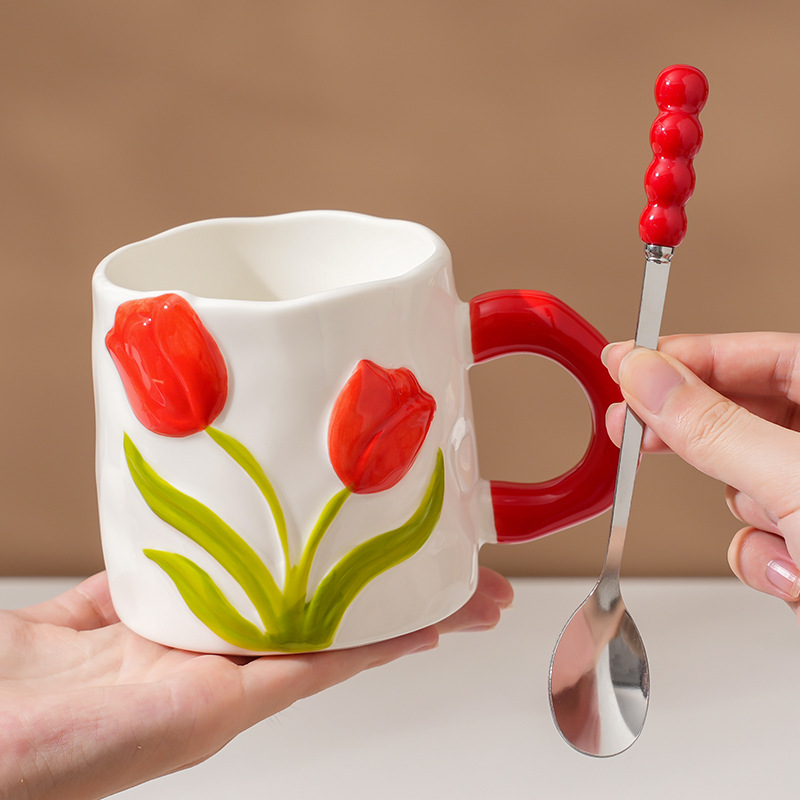 Taza de Tulipanes de alto valor, taza de cerámica esmaltada, regalo del Día del Maestro, taza de agua doméstica para niñas