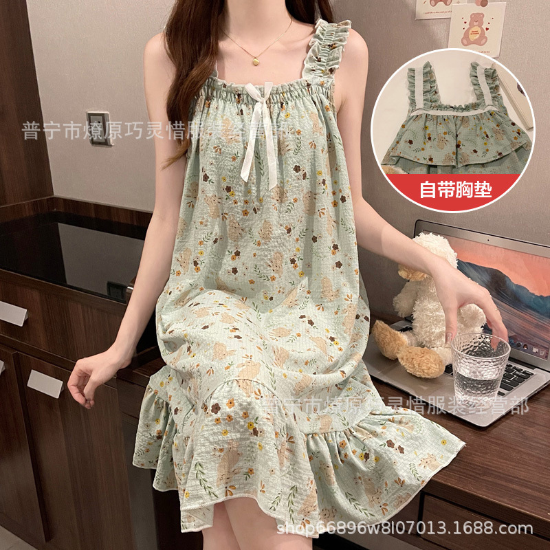Pijama de cabina para mujeres polvo de cereza de verano algodón trenzado cojín de pecho pijama largo viento rojo de primavera y verano ropa para el hogar