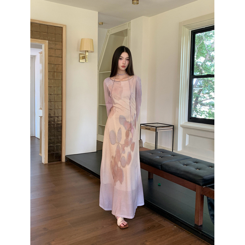 实拍现货现货网纱印花连衣裙女春夏显瘦长裙|undefined