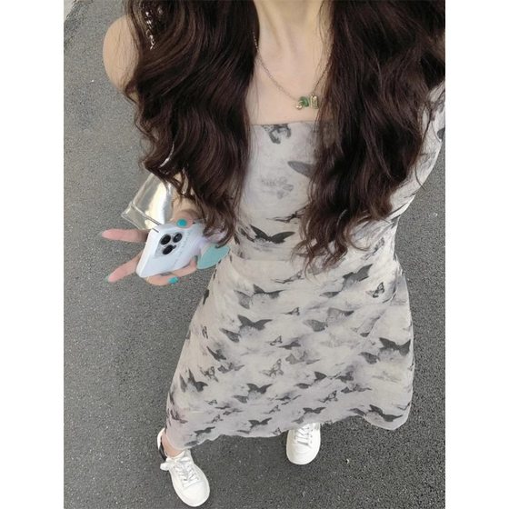 Cool Style Ink Printing Butterfly Pleated Waist Floral dress Women's Summer New Style Elegant Slip Skirt Long Skirt