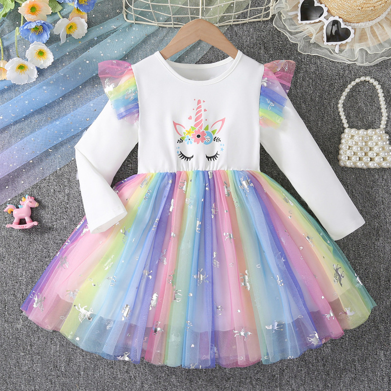 Foreign Trade Children's Clothing Unicorn Girls' Long-Sleeve Dress Children's Little Girl Spring and Autumn Rainbow Princess Dress European and American Cross-Border