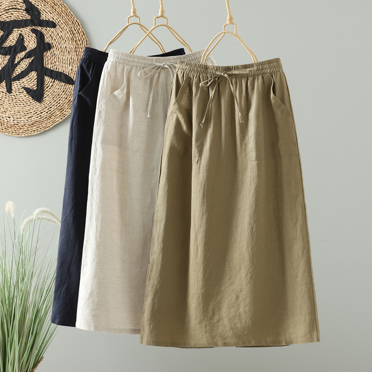 厂家直销  纯亚麻系带休闲女式半身裙棉麻文艺百搭长款直筒身半身
