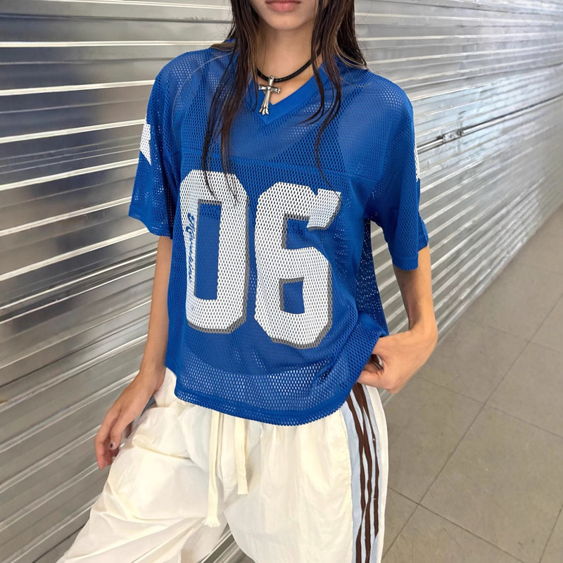 American Retro Street Mesh Cut Out Letter V Neck Jersey Half-Sleeved T-Shirt Women's Summer Loose and Versatile Sports Top American Retro Street Mesh Cut Out Letter V Neck Jersey Half-Sleeved T-Shirt Women's Summer Loose and Versatile Sports Top