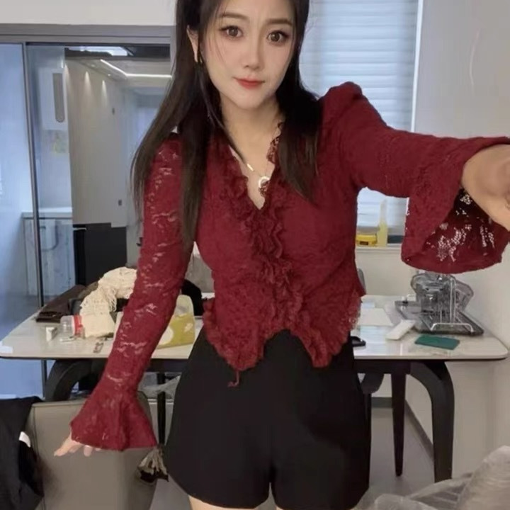 French Fairy Style Beautiful Lace Shirt Top for Women Autumn and Winter New V Neck Elegant Versatile Bell Sleeve Bottoming Shirt French Fairy Style Beautiful Lace Shirt Top for Women Autumn and Winter New V Neck Elegant Versatile Bell Sleeve Bottoming Shirt