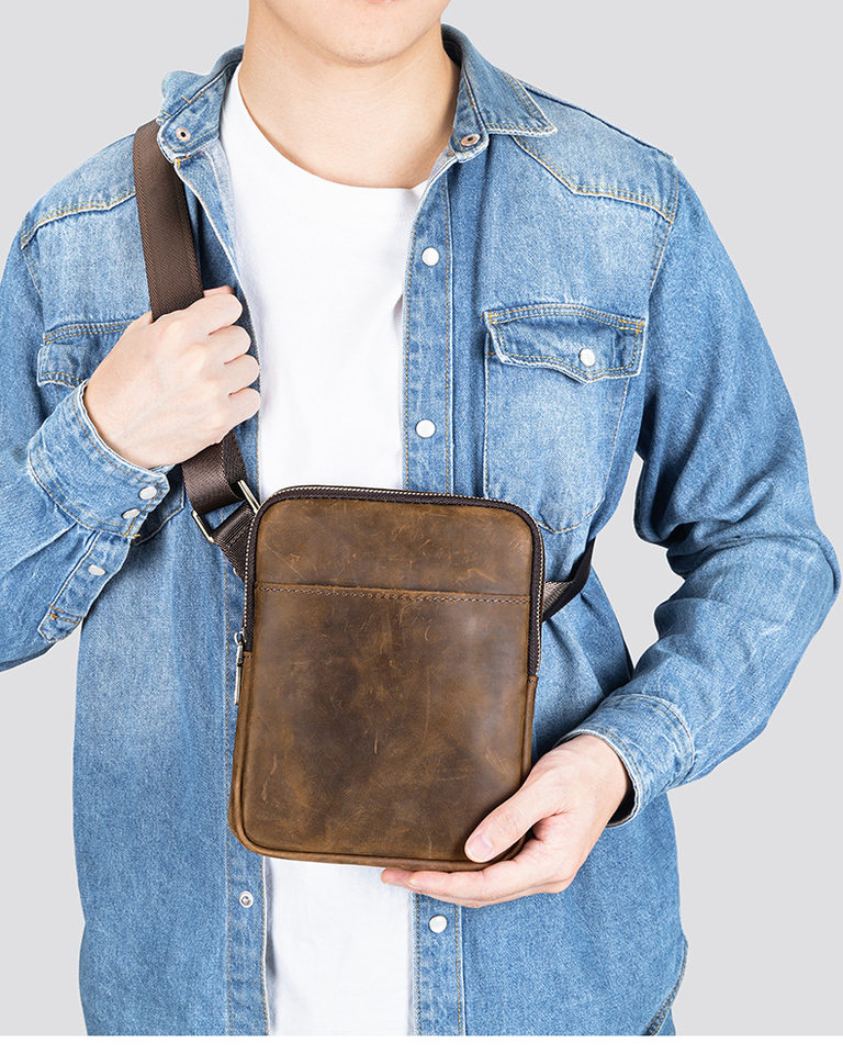 Túi đeo chéo nam da bò cao cấp 17×3×21,5 cm — 6124 Đen (hoa văn vải), Cà phê, Màu nâu sẫm, màu nâu chi tiết 8