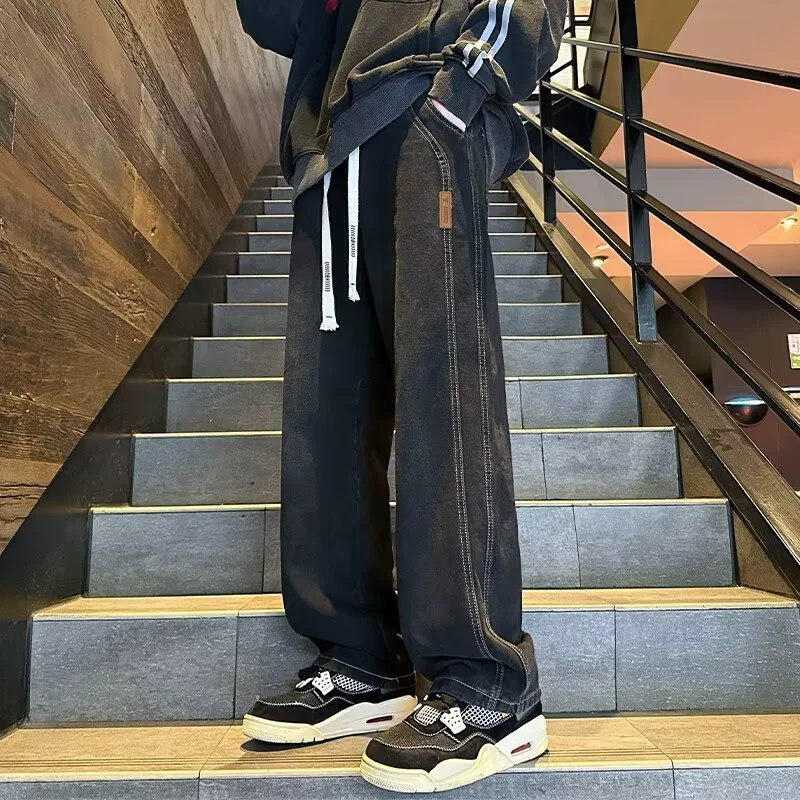 2025 новые мужские джинсы весна-осень свободные прямые повседневные брюки американский стиль модные утепленные широкие штаны