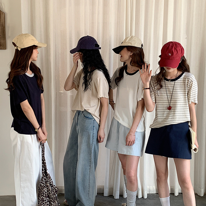 Morishima Tencel Linen New Base Shirt Women's Spring and Summer Striped Crewneck T-Shirt Casual Contrast Pullover Short-sleeved Top